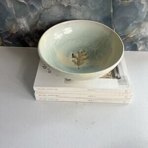 Studio Art Pottery Bowl 7" Blue Leaf Motif Glazed Marked By Artist